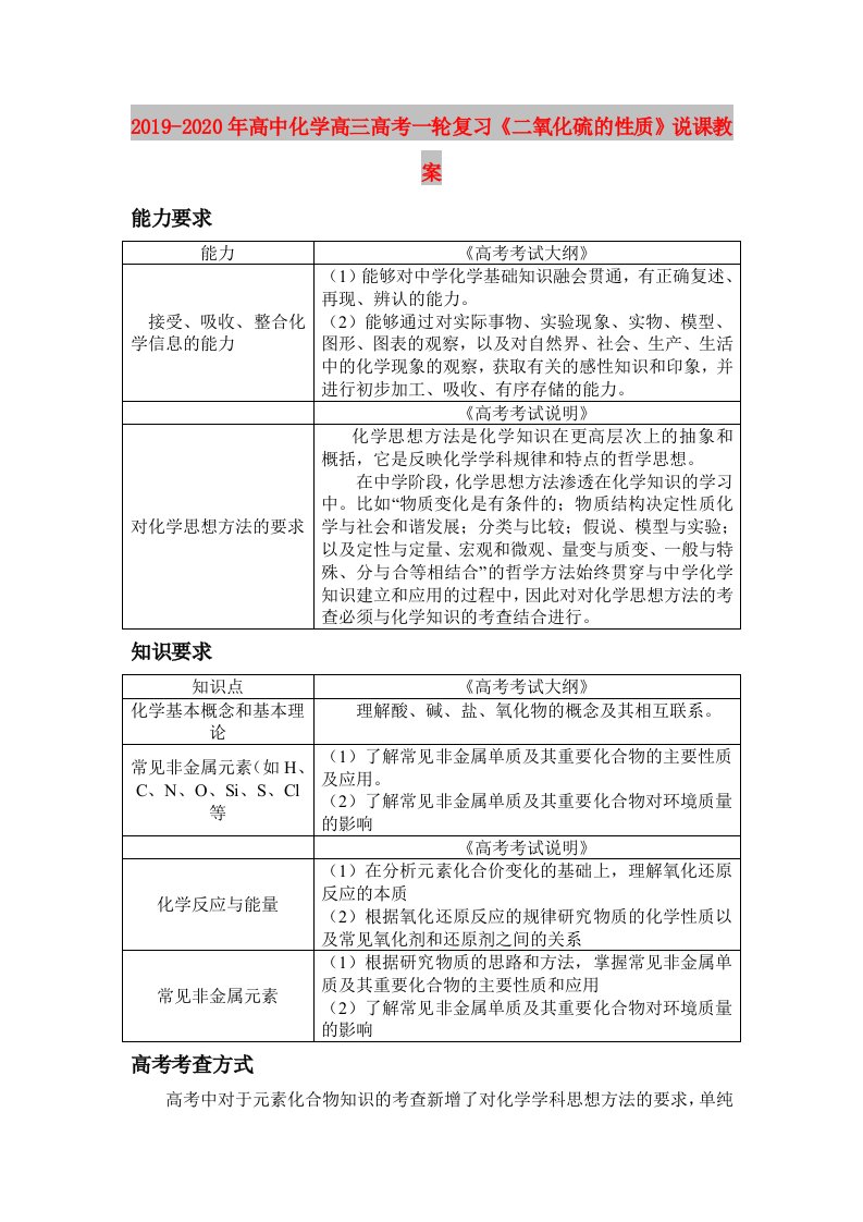 2019-2020年高中化学高三高考一轮复习《二氧化硫的性质》说课教案