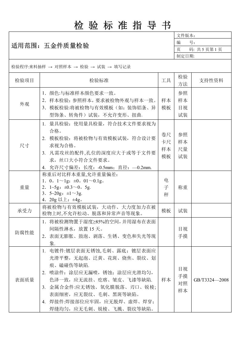 家具五金检验标准指导书