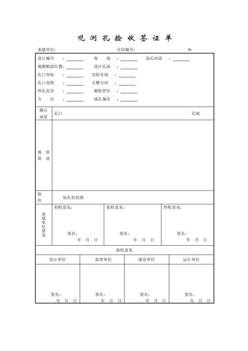 建筑工程管理-成都某路桥公司施工文档之观测孔验收签证单