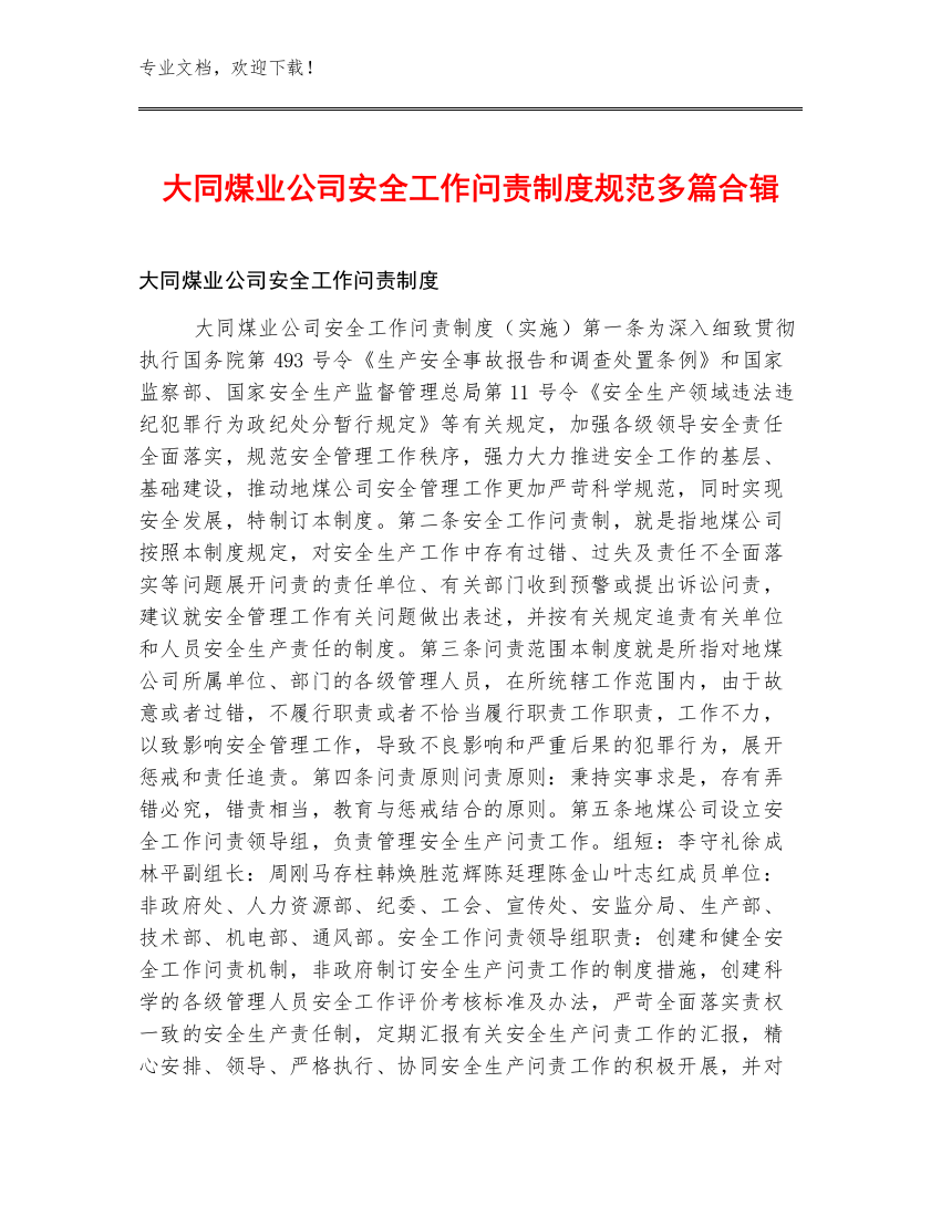 大同煤业公司安全工作问责制度规范多篇合辑