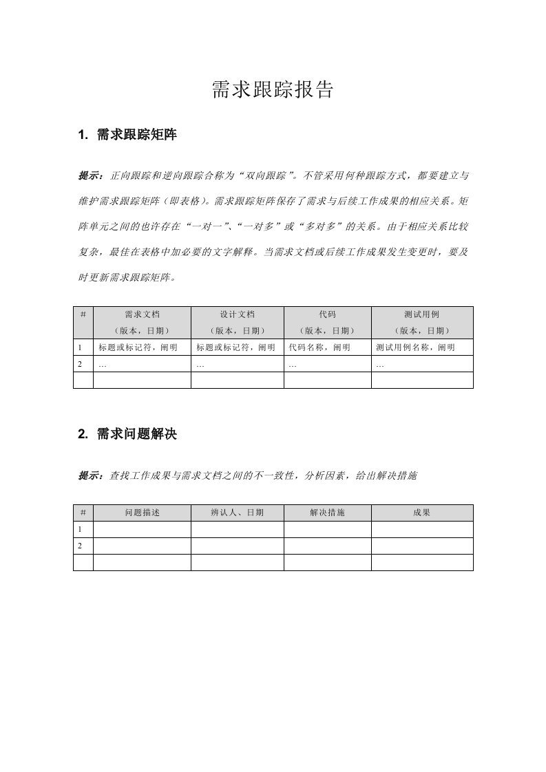 需求跟踪报告表格