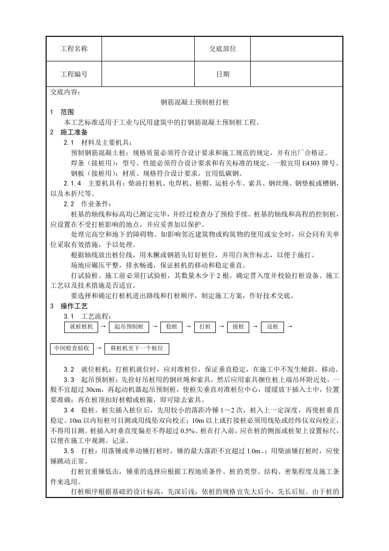 钢筋混凝土预制桩打桩工艺标准