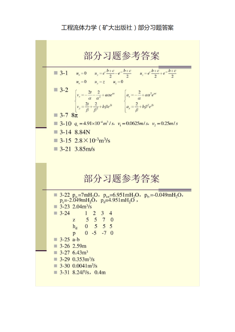 工程流体力学（矿大出版社）部分习题答案