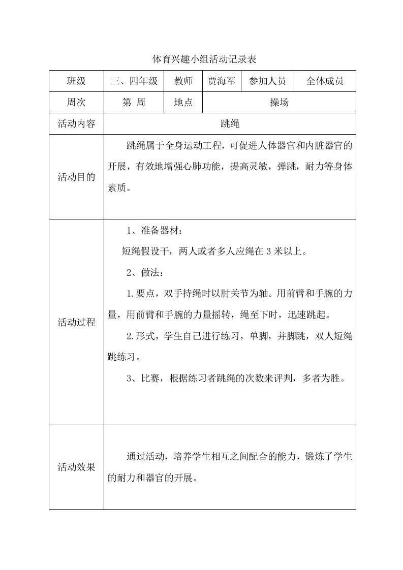 最新体育兴趣小组活动记录表