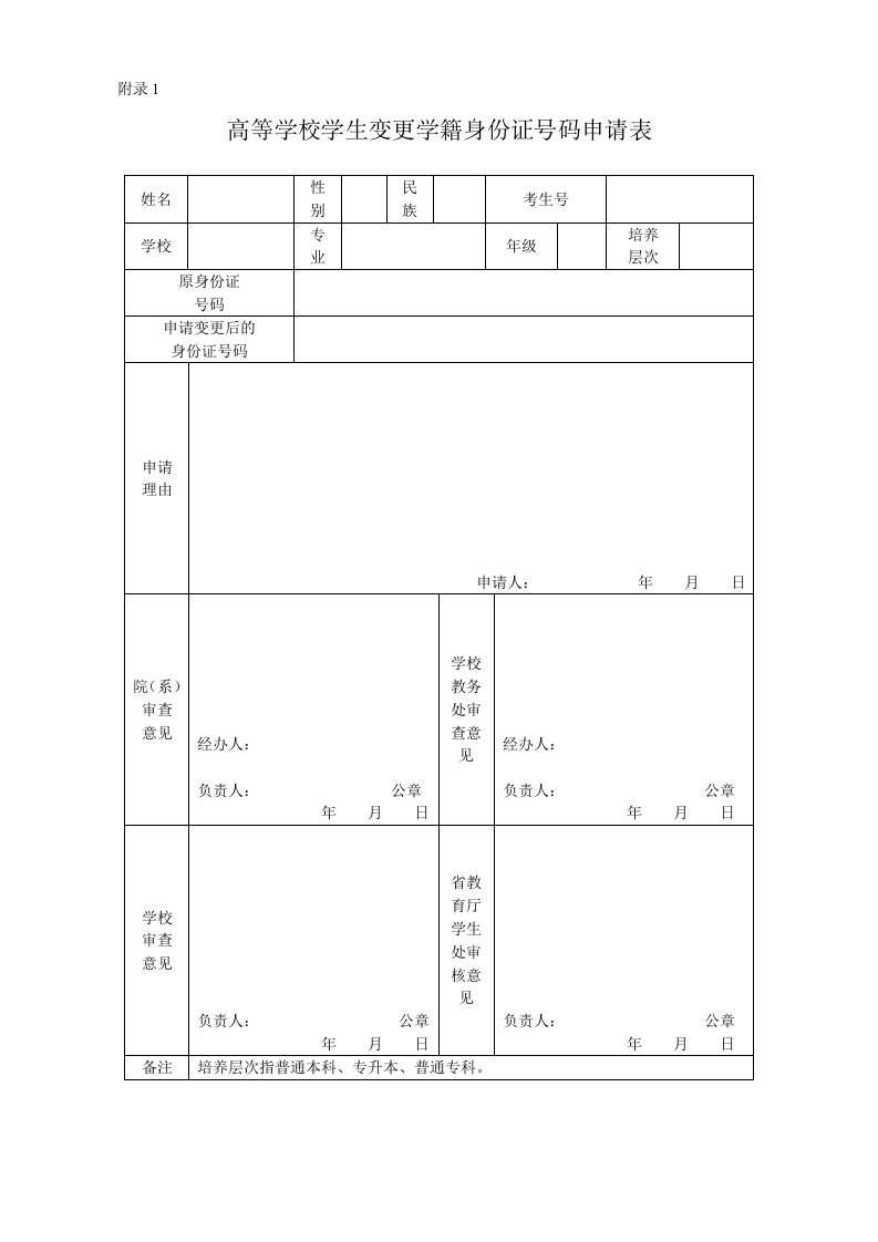 高等学校学生变更学籍身份证号码申请表