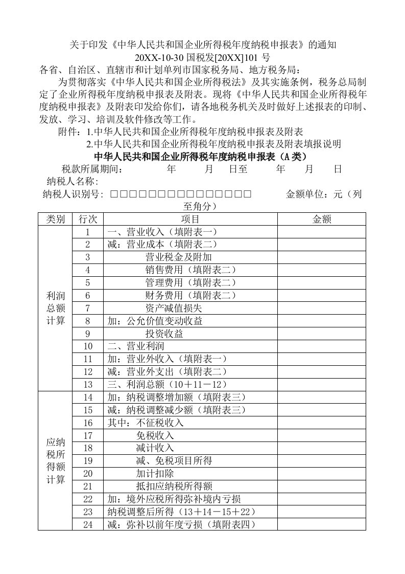 表格模板-新所得税法资料关于印发中华人民共和国企业所得税年度纳税申报表的通知