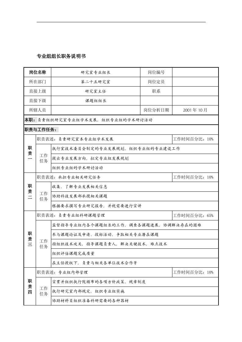 航材院第二十五研究室专业组组长职务说明书