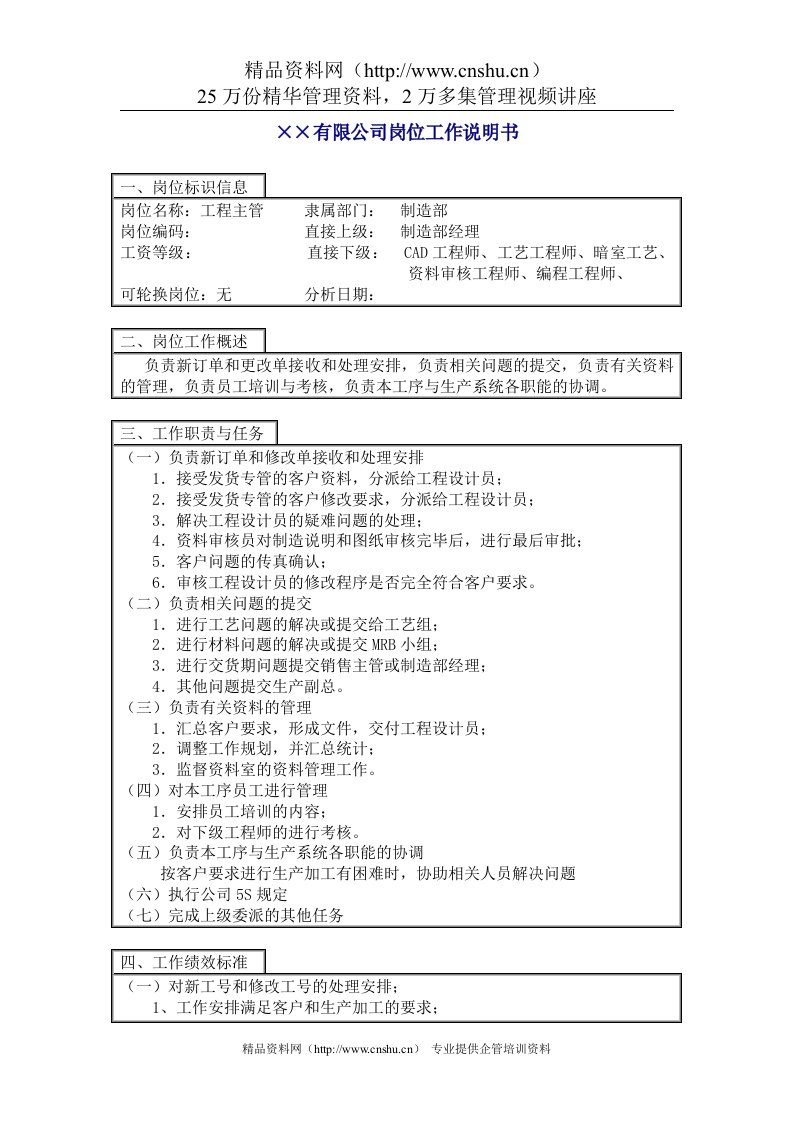 中国人力资源开发研究会工程主管岗位说明书