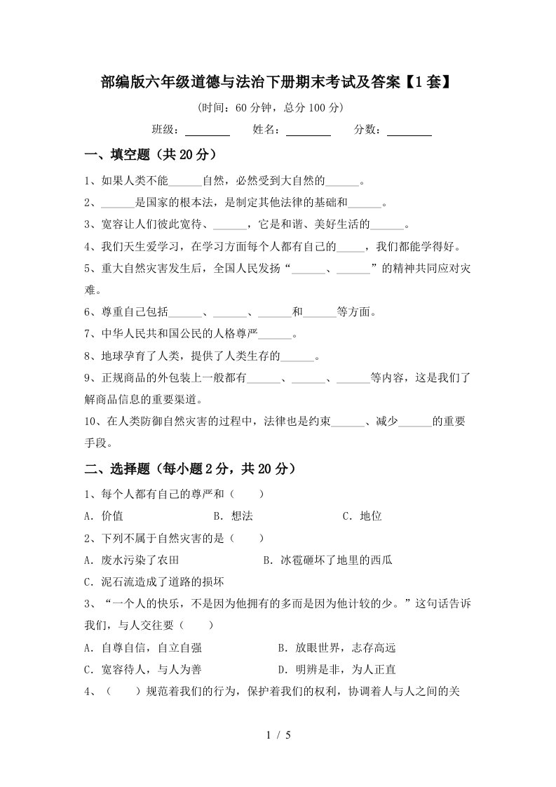 部编版六年级道德与法治下册期末考试及答案1套