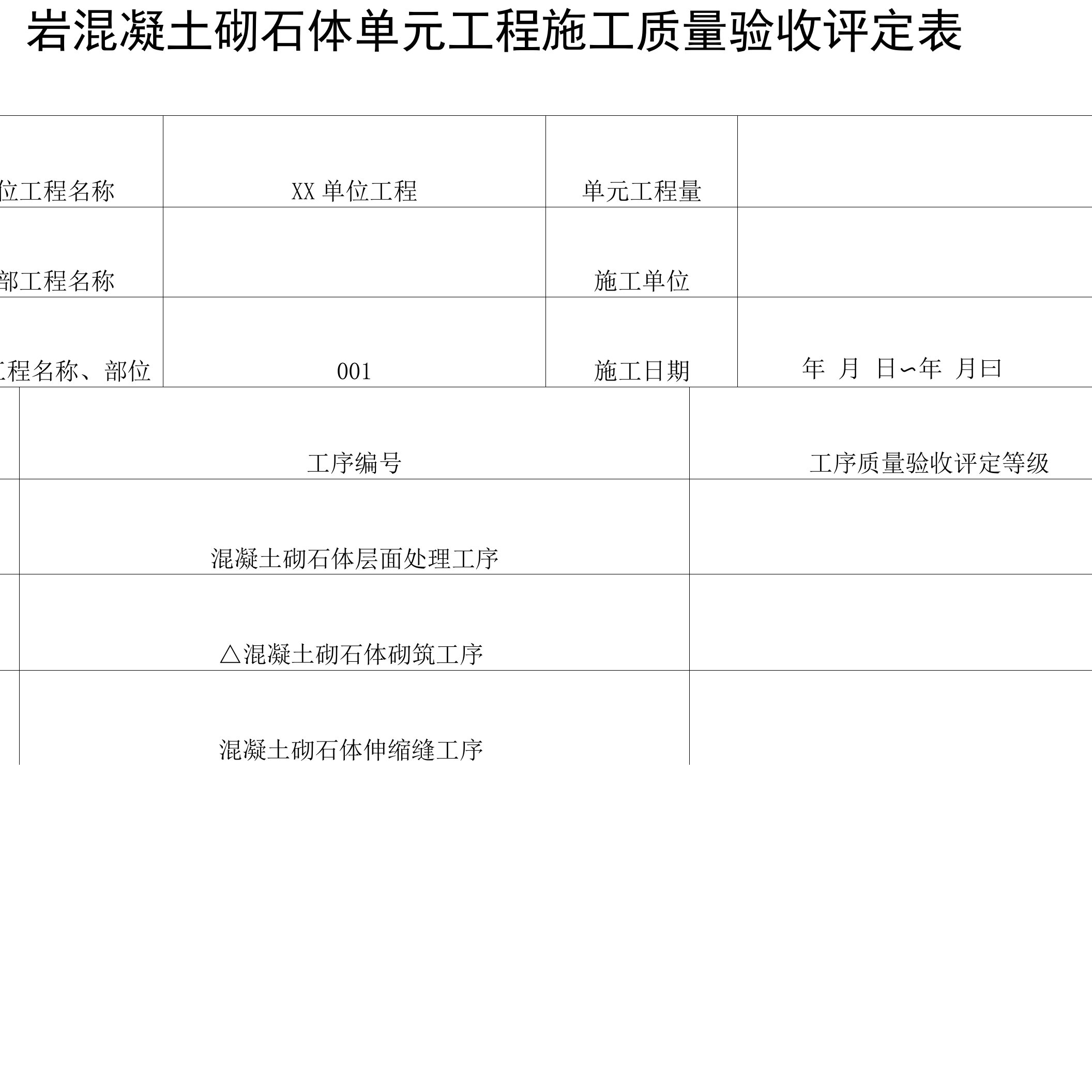 岩混凝土砌石体单元工程施工质量验收评定表