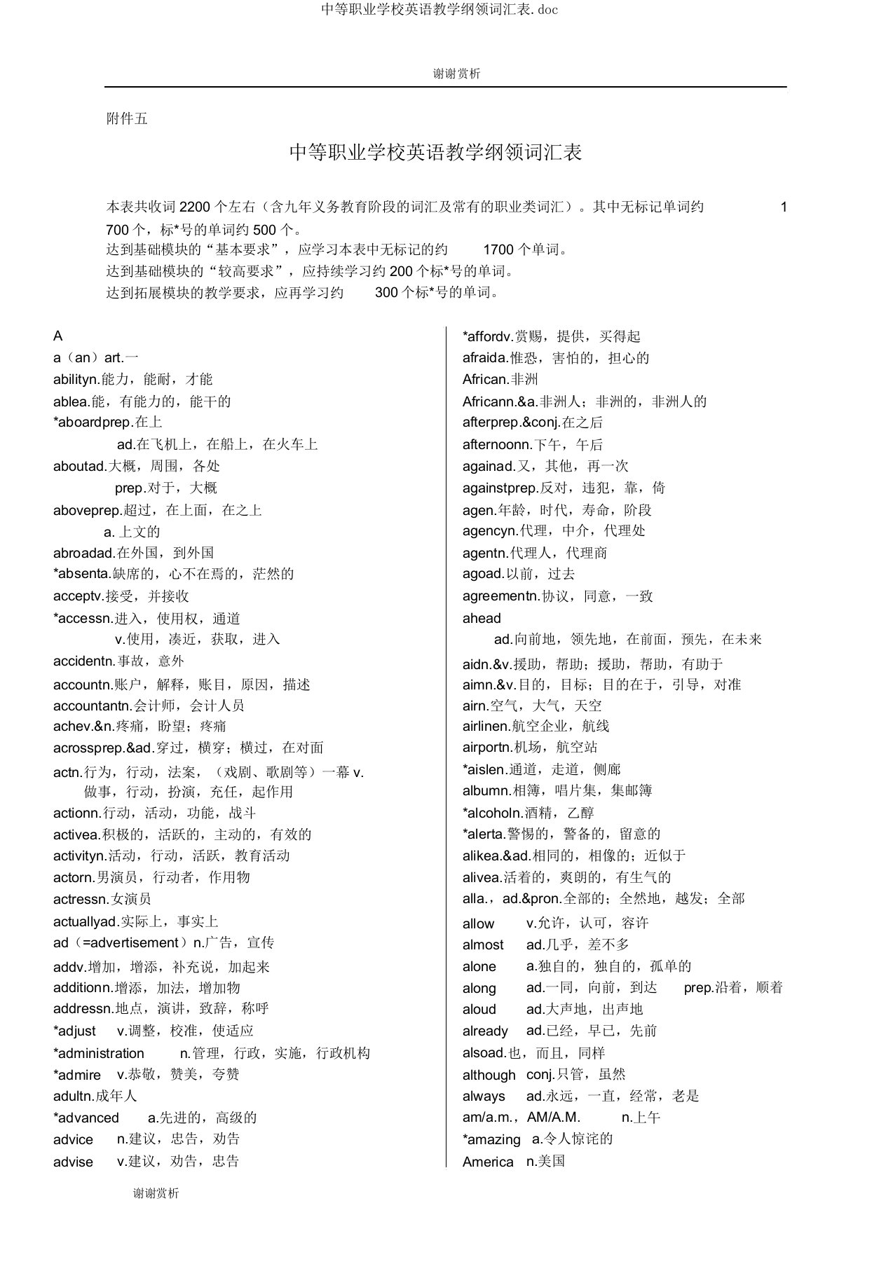 中等职业学校英语教学大纲词汇表doc