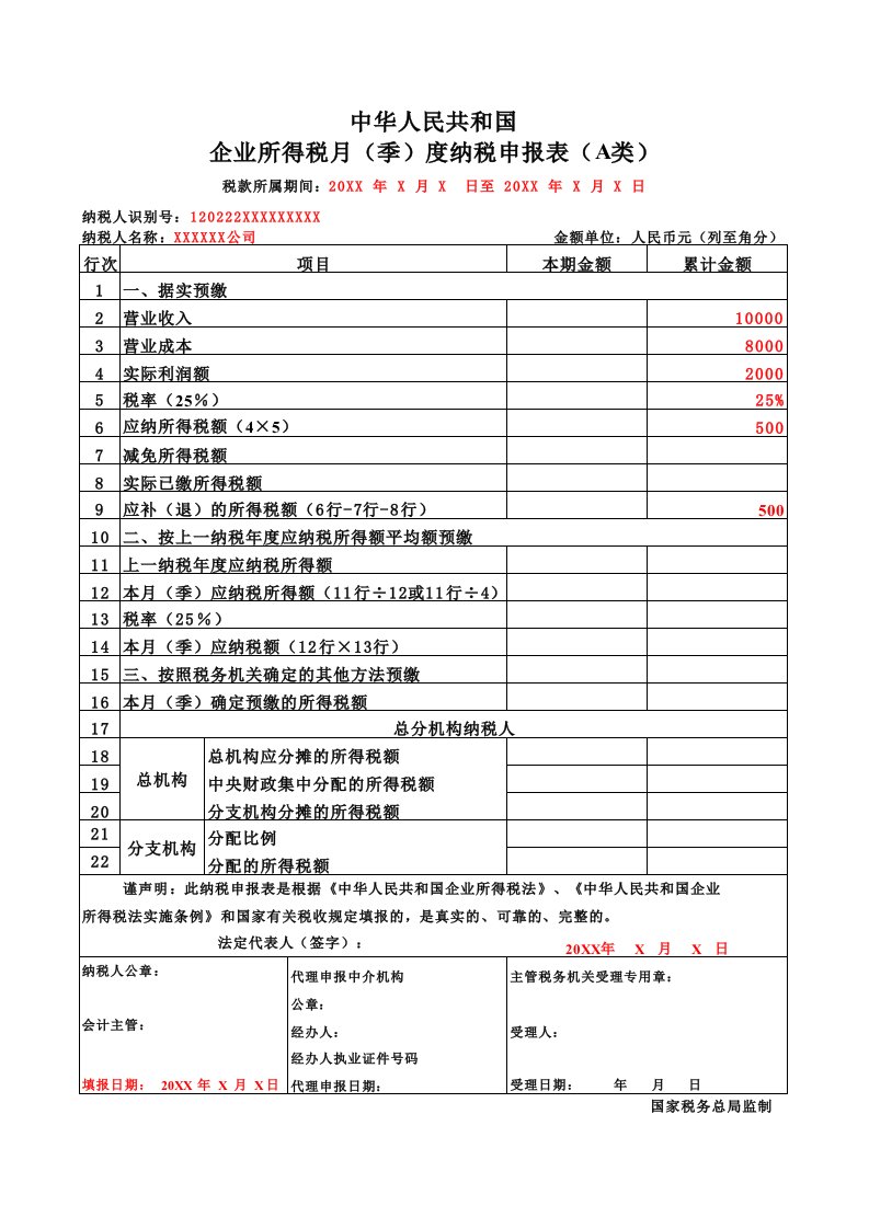 企业所得税申报表B类(样表)