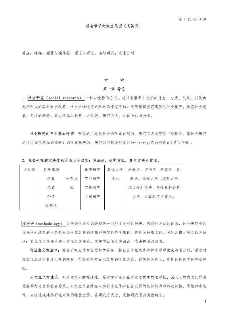 社会学研究方法笔记(风笑天)考研重点总结.