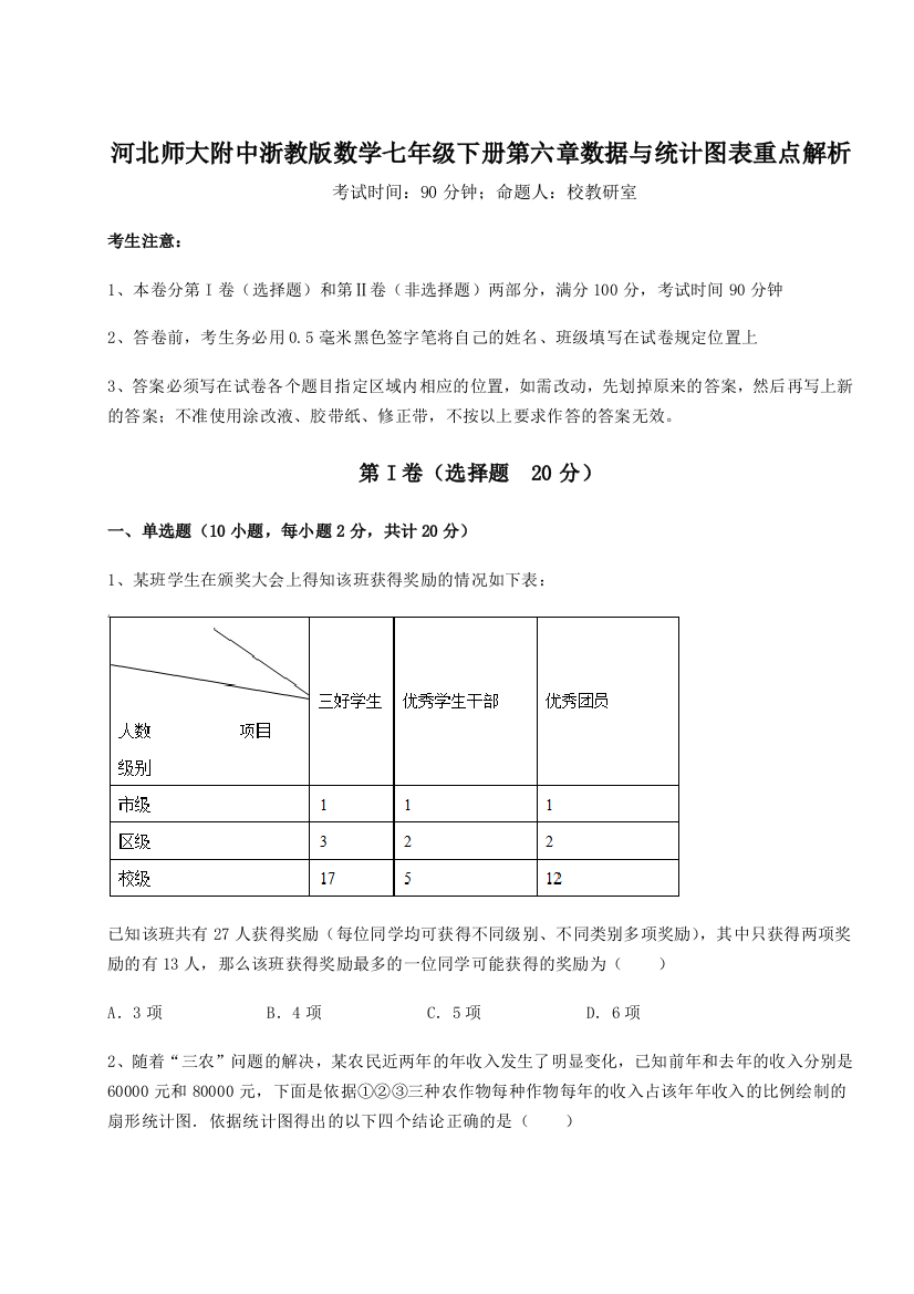 2023年河北师大附中浙教版数学七年级下册第六章数据与统计图表重点解析试卷（含答案详解）