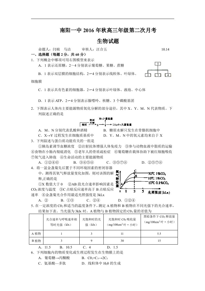 河南省南阳市2017届高三上学期第二次月考生物试题