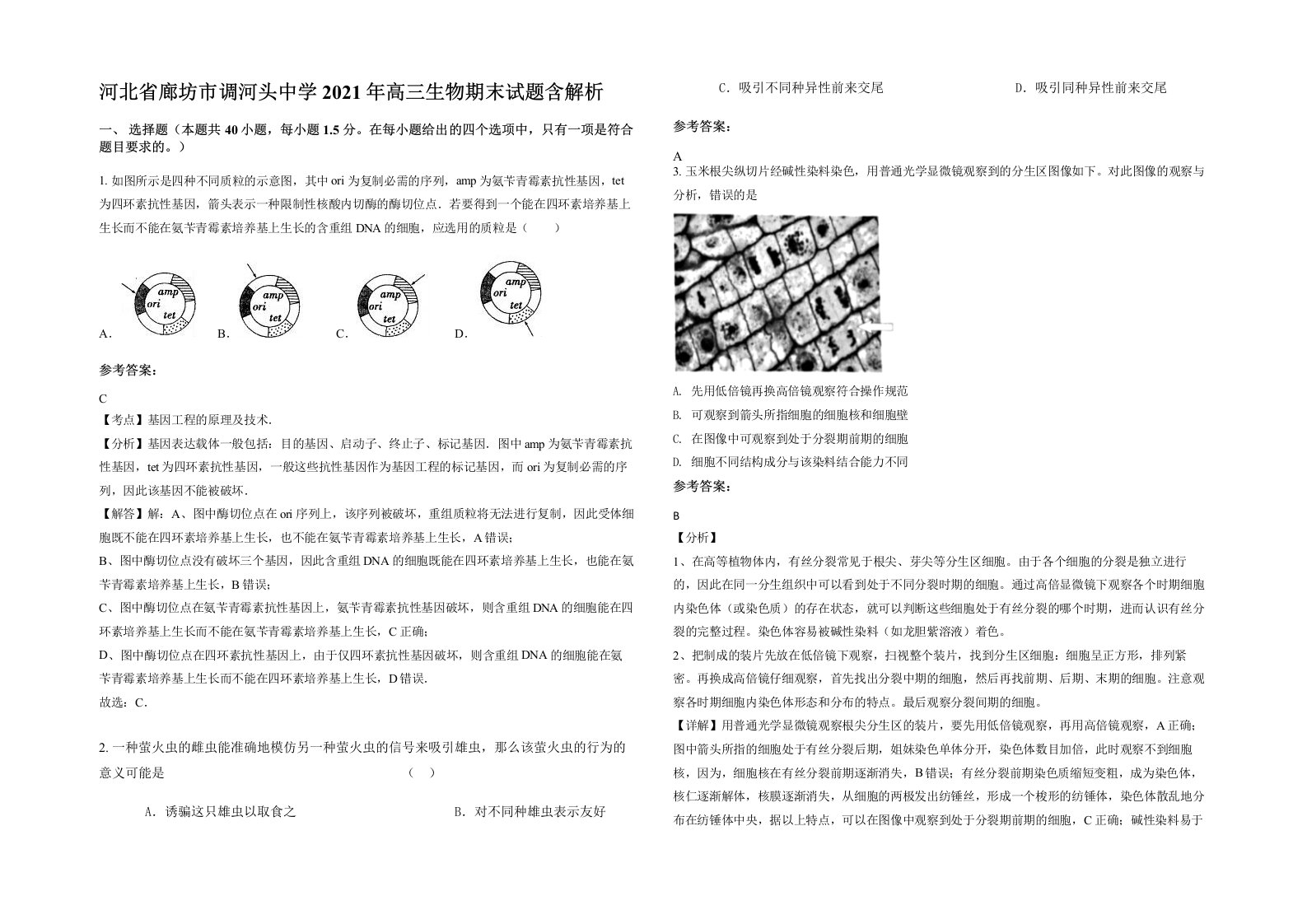 河北省廊坊市调河头中学2021年高三生物期末试题含解析