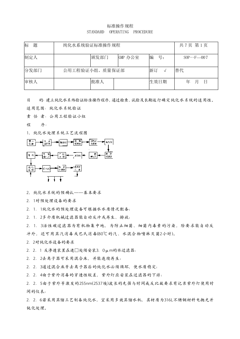 (完整版)纯化水系统验证标准操作规程