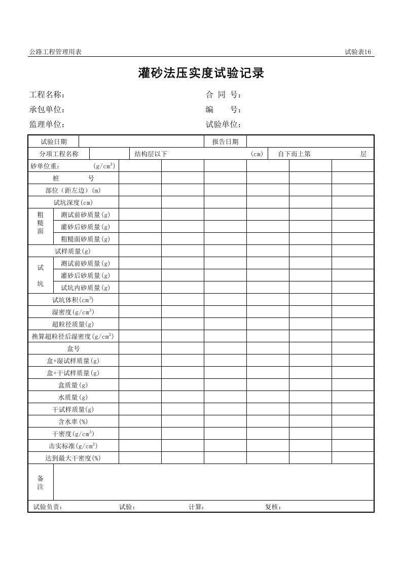 表格模板-公路工程管理用表范本灌砂法压实度试验记录