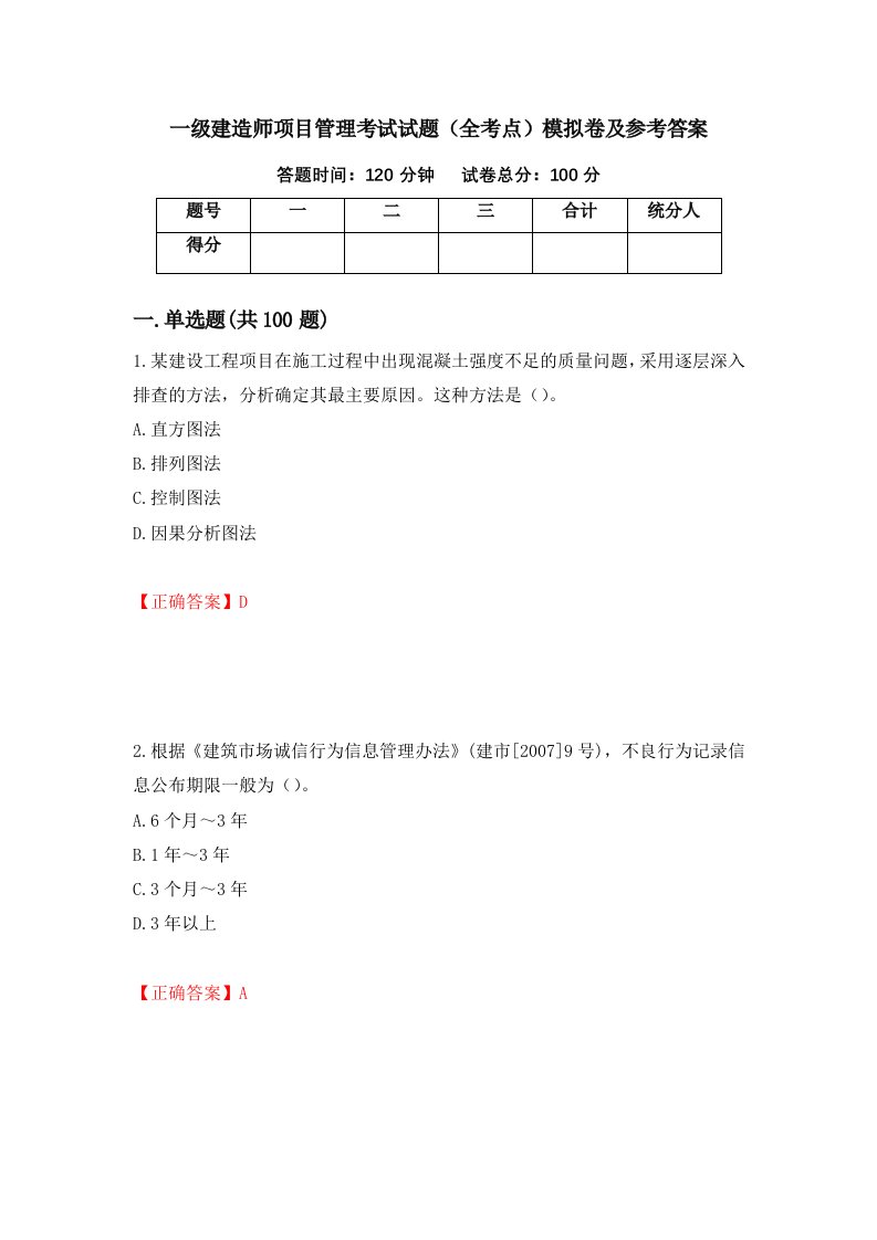 一级建造师项目管理考试试题全考点模拟卷及参考答案4