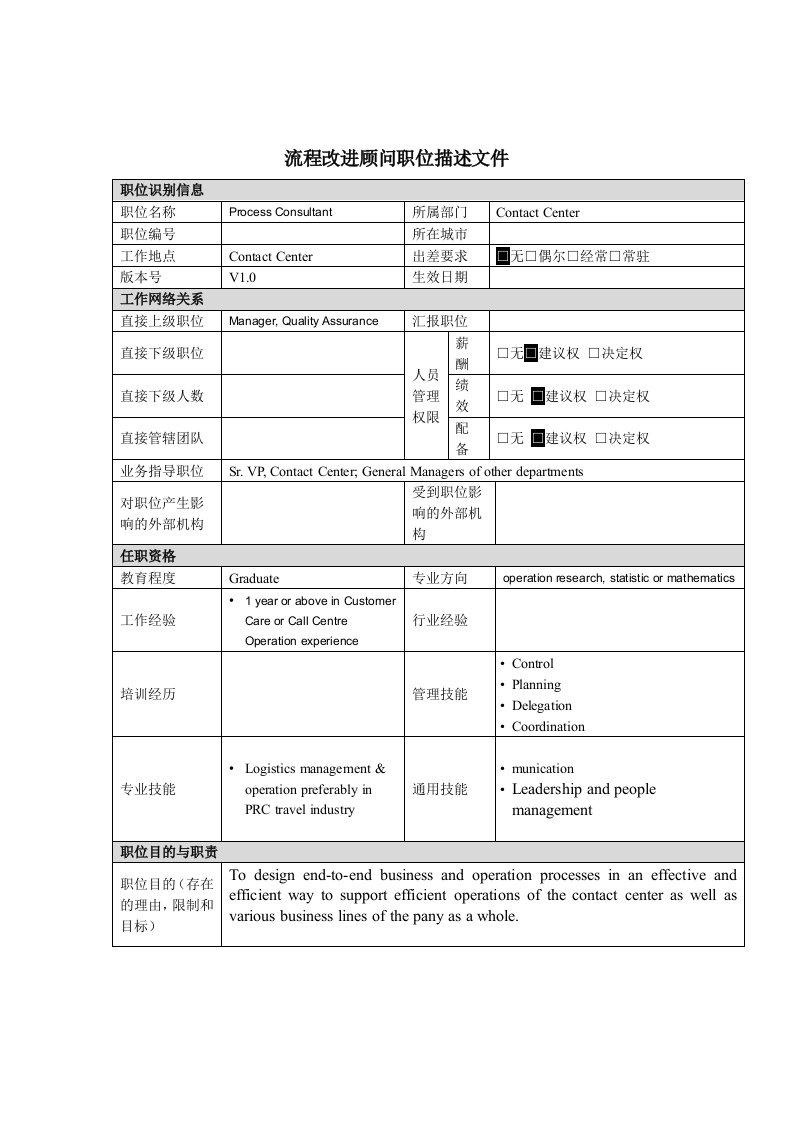 流程管理-流程改进顾问岗位说明书