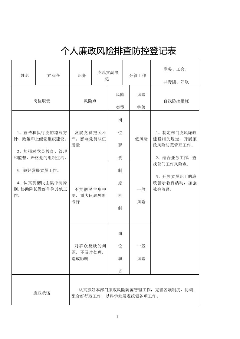 个人廉政风险排查防控登记表