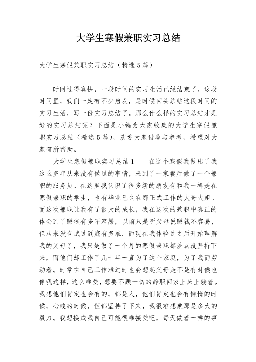 大学生寒假兼职实习总结