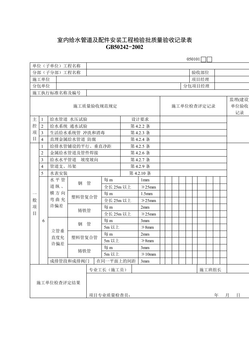 室内给水管道工程检验批质量验收记录表