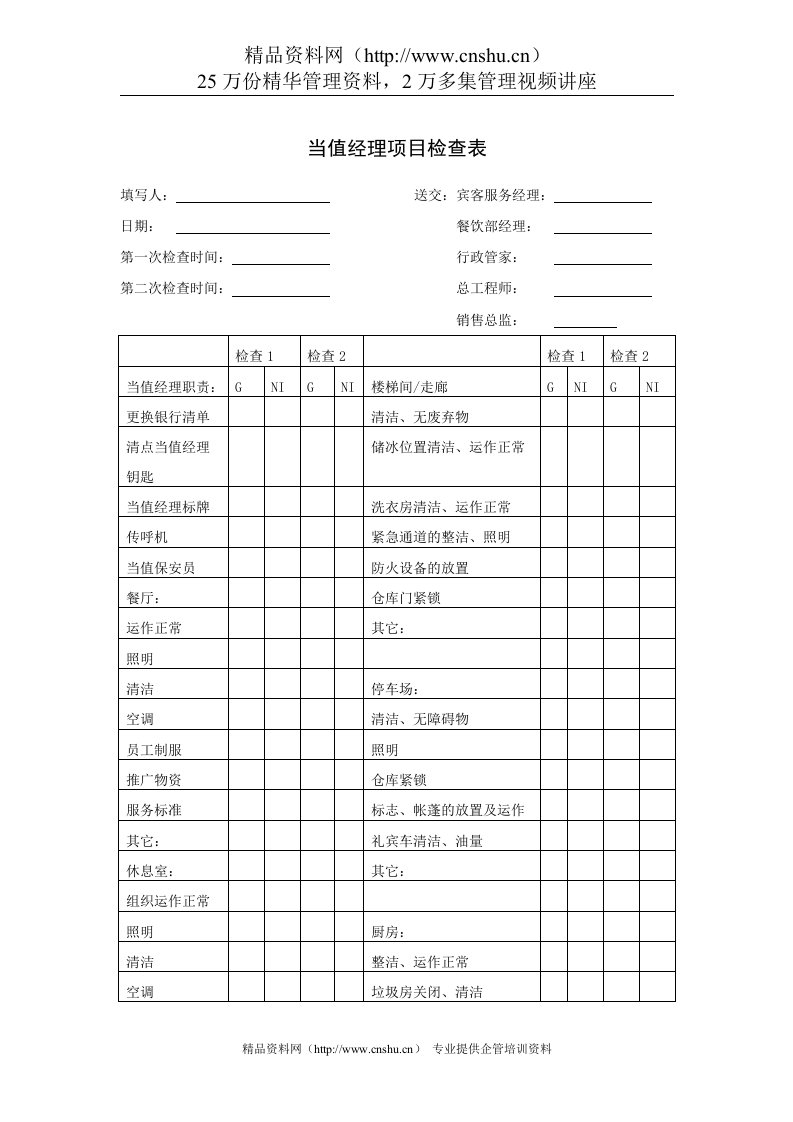 当值经理项目检查表