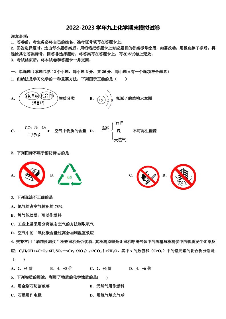 山东省青岛市黄岛六中学2022年化学九年级第一学期期末质量跟踪监视试题含解析