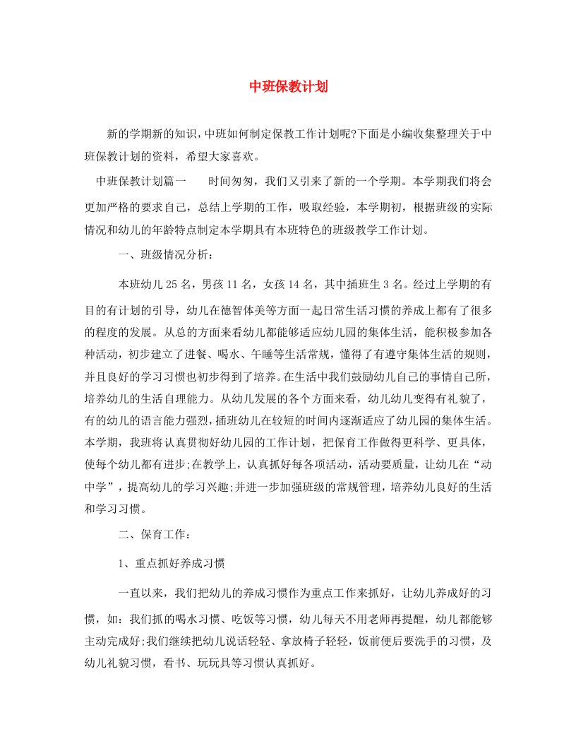 精选中班保教计划