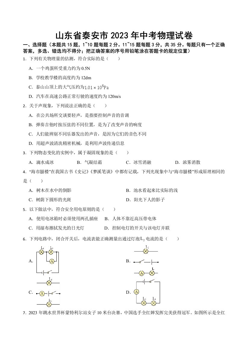 山东省泰安市2023年中考物理试卷(附答案)