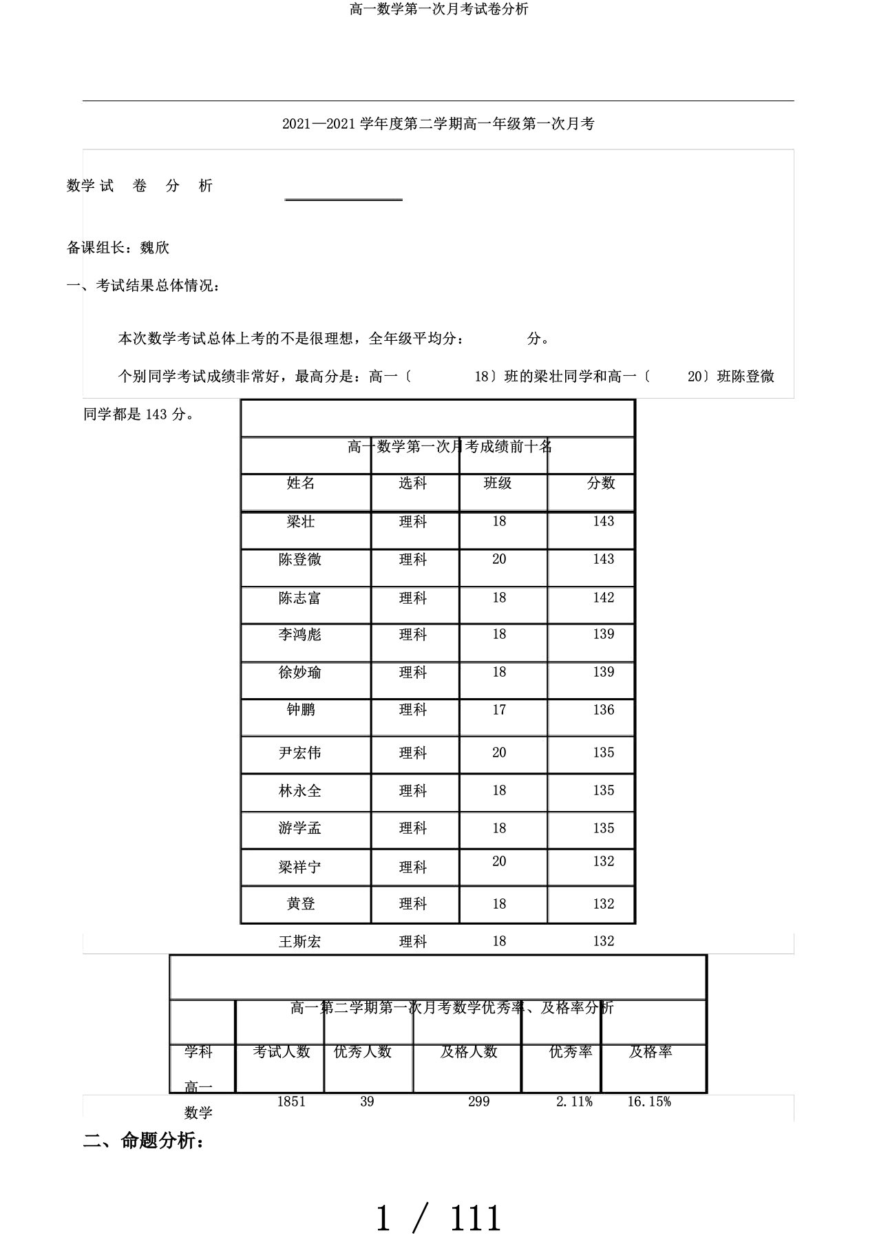 高一数学第一次月考试卷分析