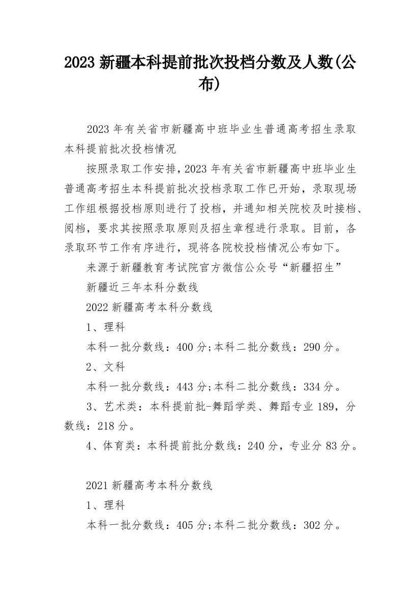 2023新疆本科提前批次投档分数及人数(公布)