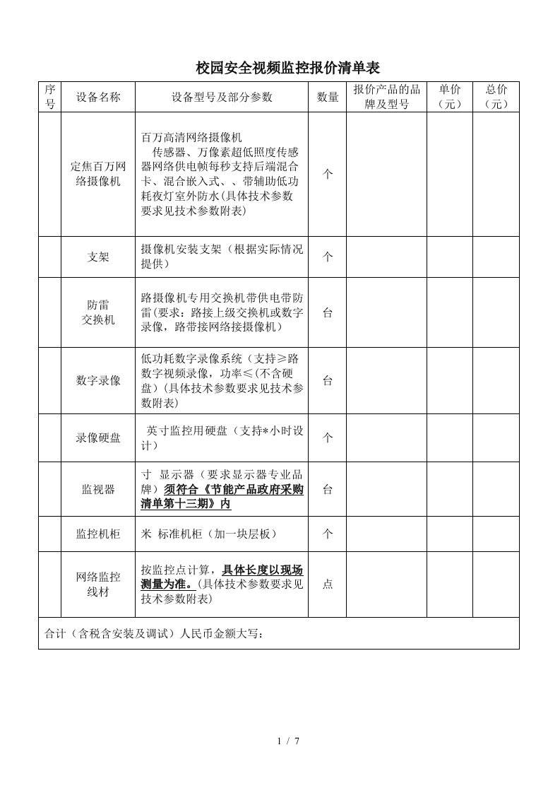 校园安全视频监控报价清单表