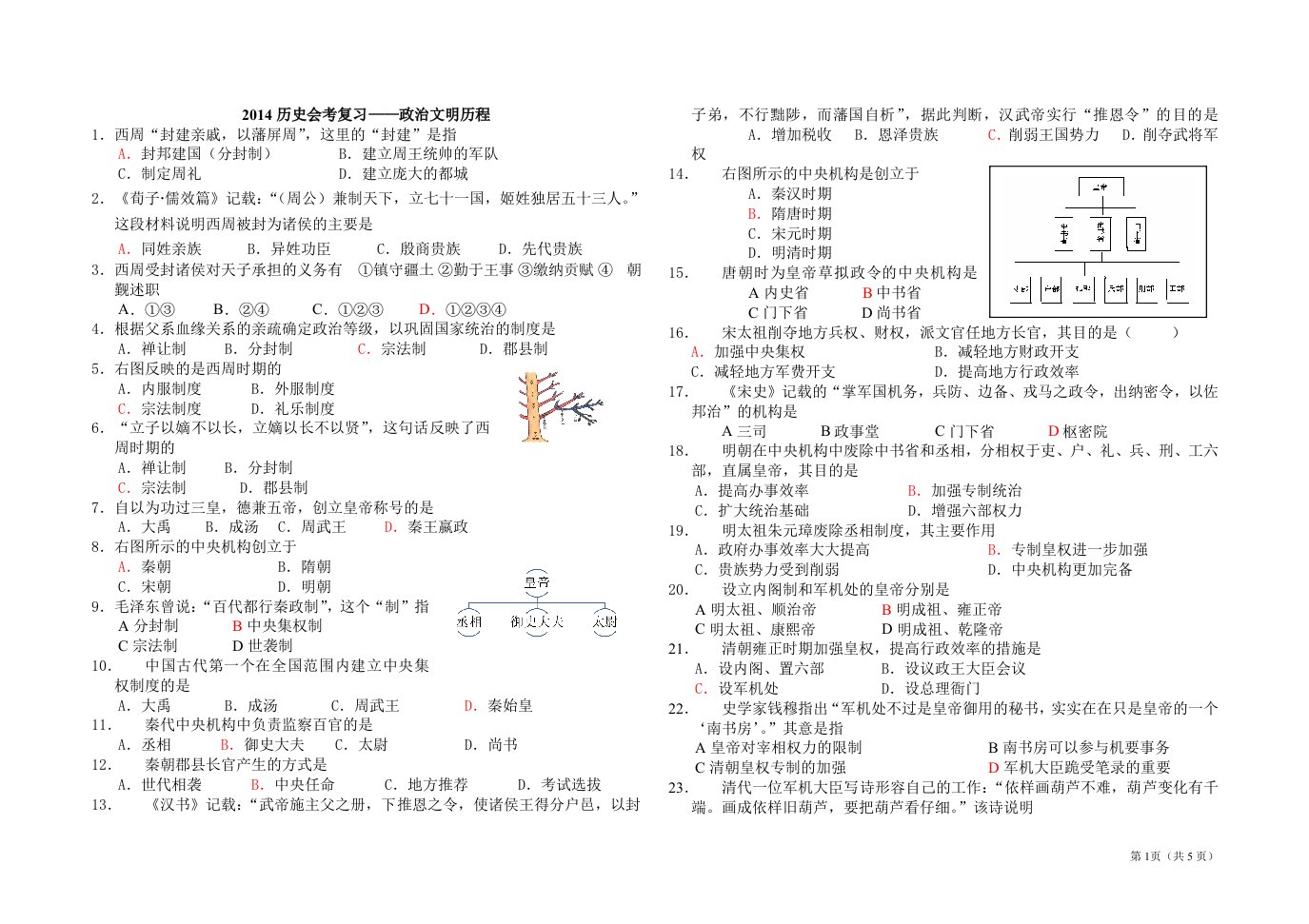 历史必修一(岳麓版)期中复习(有答案)