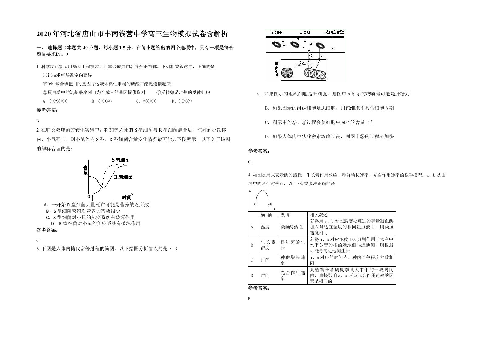 2020年河北省唐山市丰南钱营中学高三生物模拟试卷含解析