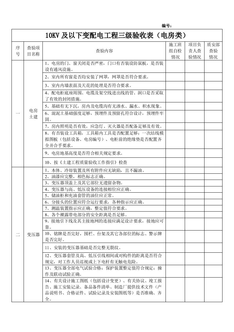 电房类验收表格