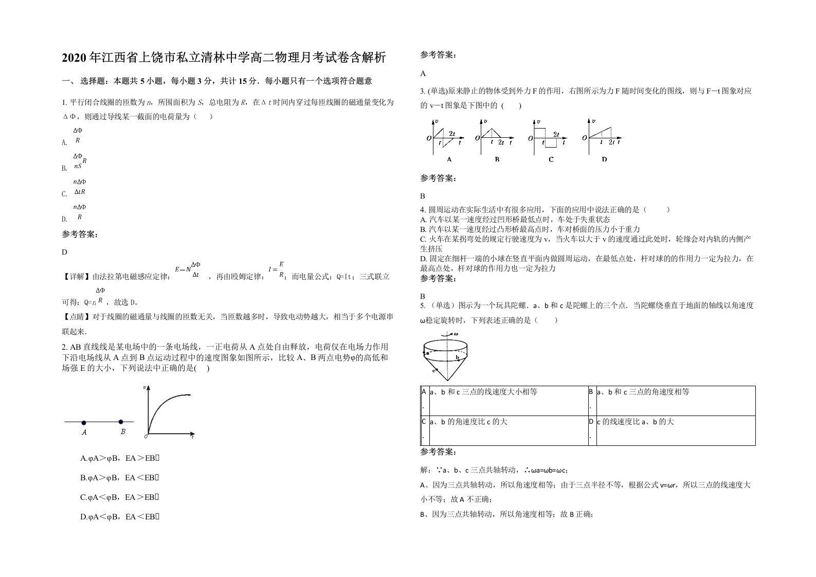 2020年江西省上饶市私立清林中学高二物理月考试卷含解析