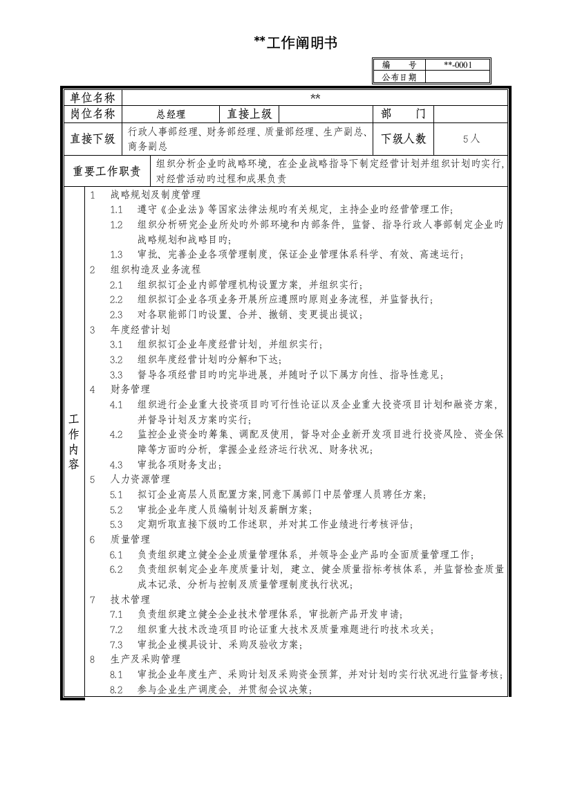 总经理工作说明书岗位职责