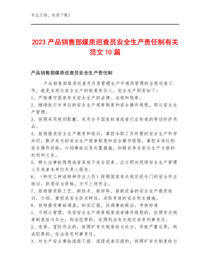 2023产品销售部煤质巡查员安全生产责任制范文10篇