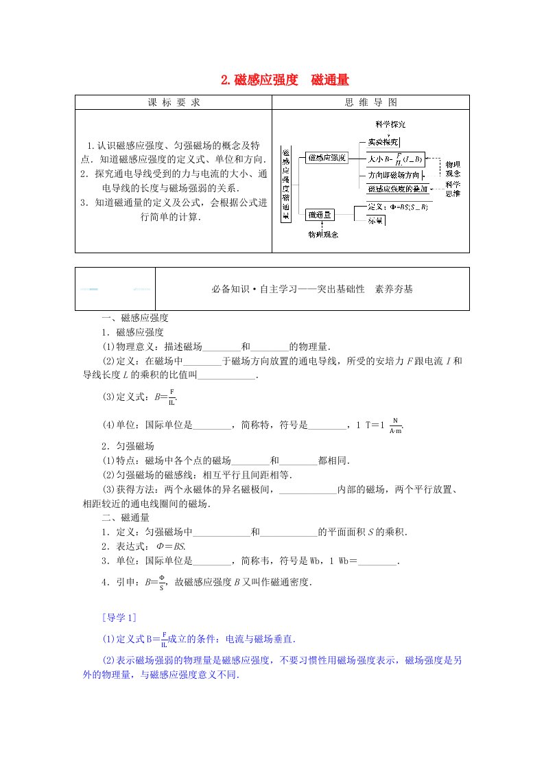 新教材2023版高中物理第三章电磁场与电磁波初步2.磁感应强度磁通量学案教科版必修第三册