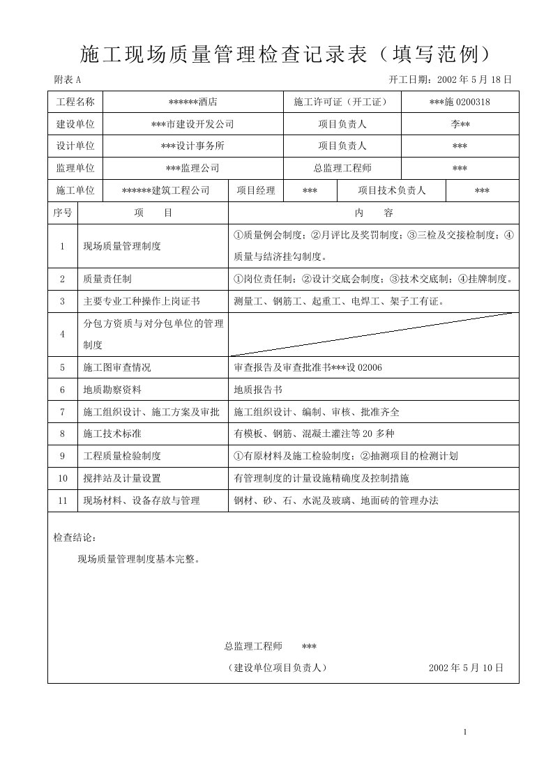 建筑工程施工现场质量管理检查记录表（填写范例）