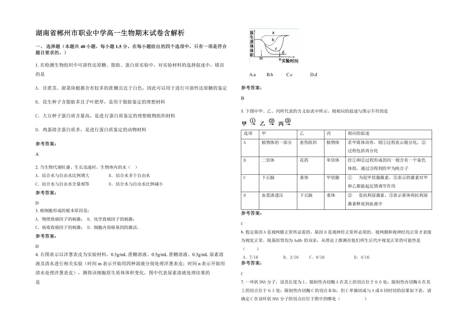 湖南省郴州市职业中学高一生物期末试卷含解析