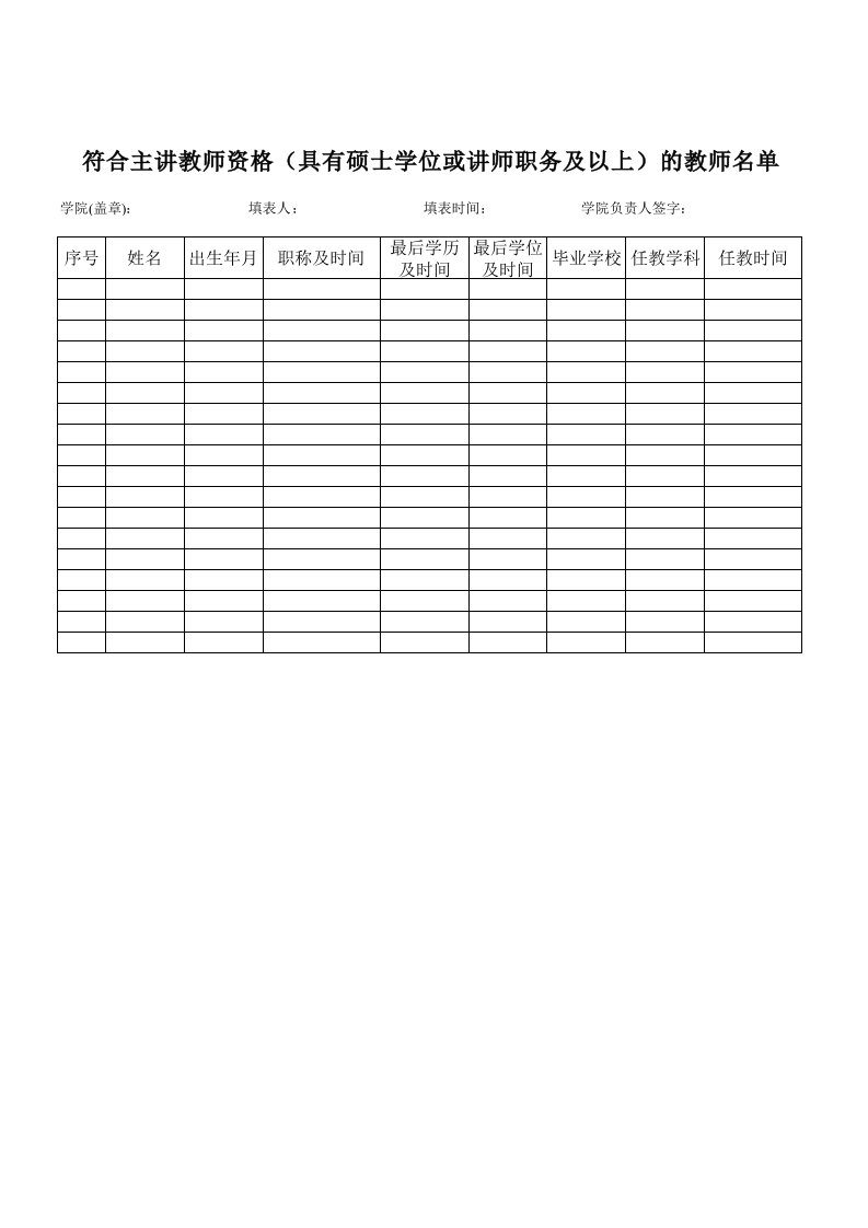 符合主讲教师资格（具有硕士或讲师）的教师名册Excel模板.xls