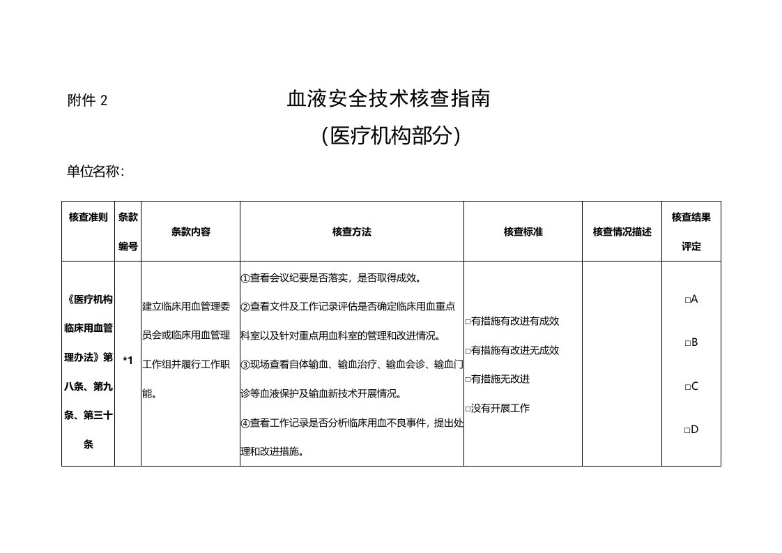 血液安全技术核查指南(医疗机构)