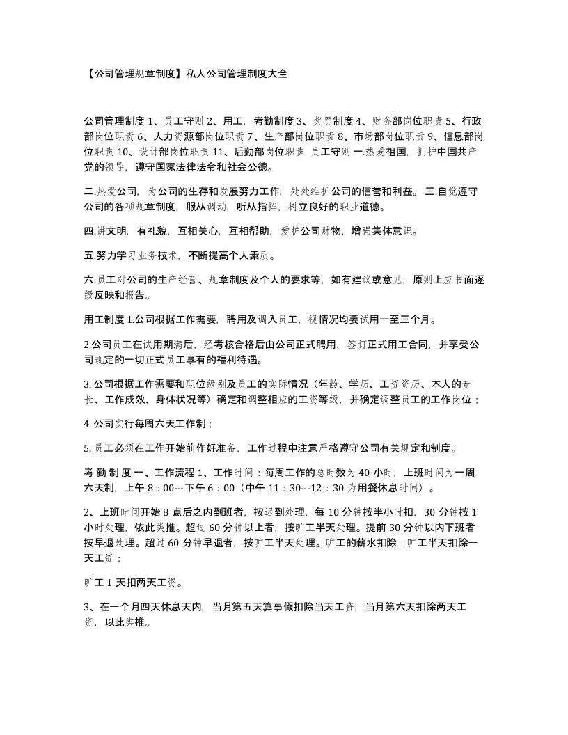 公司管理规章制度私人公司管理制度大全