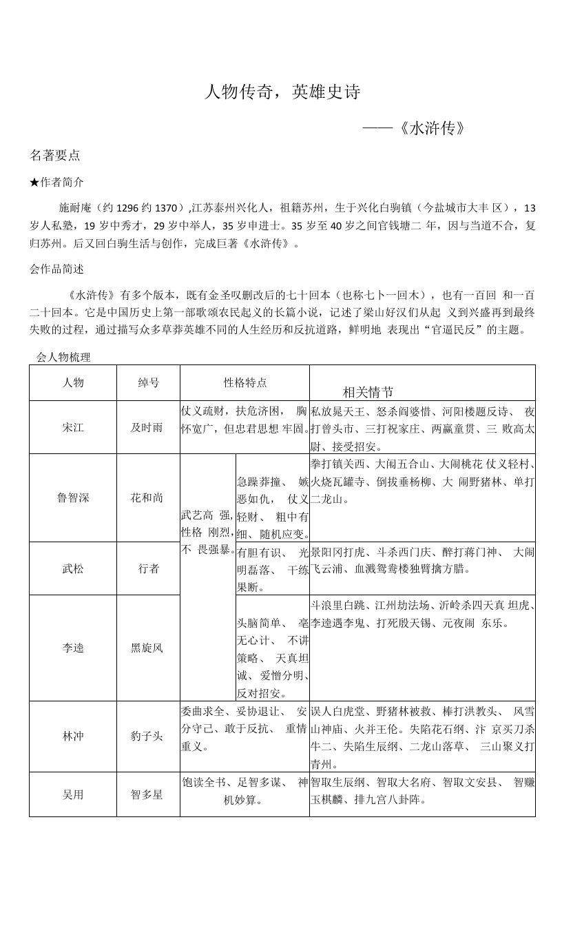 2022年中考语文一轮专题复习：名著阅读《水浒传》复习教案