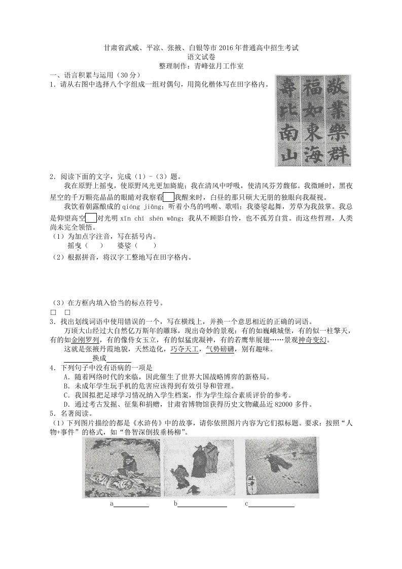 甘肃省陇南市2016年中考语文试卷及答案