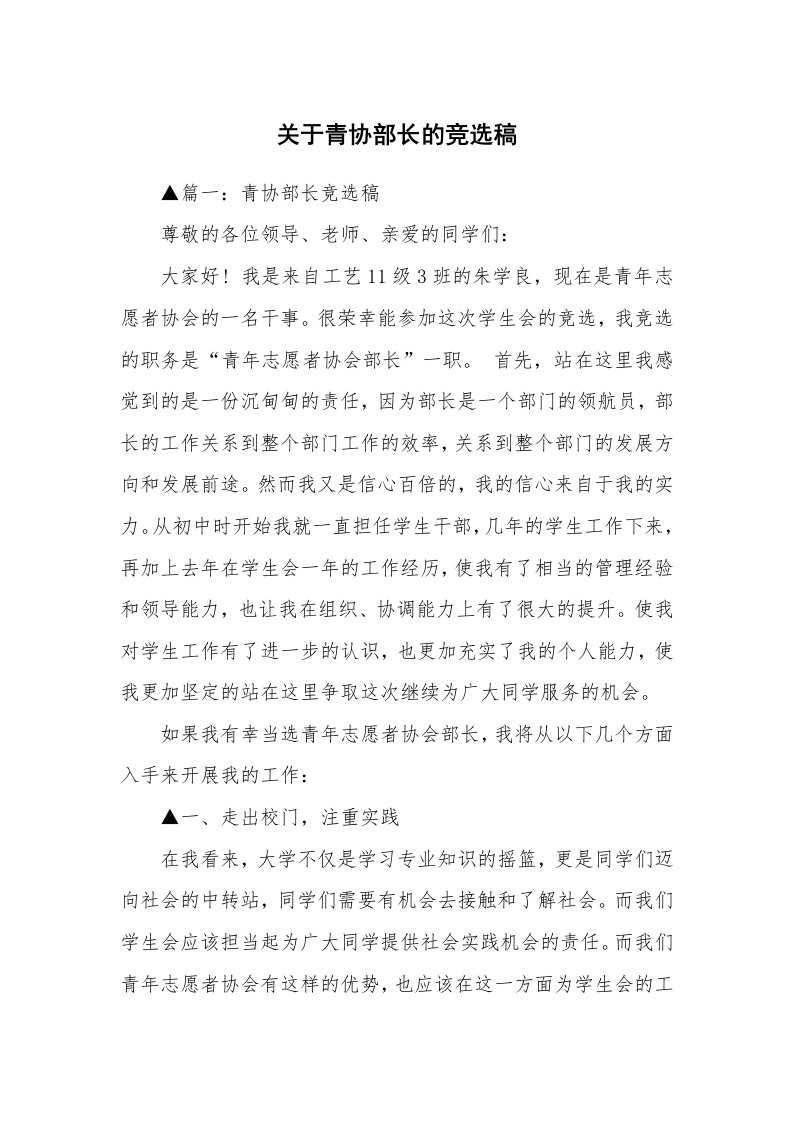 关于青协部长的竞选稿