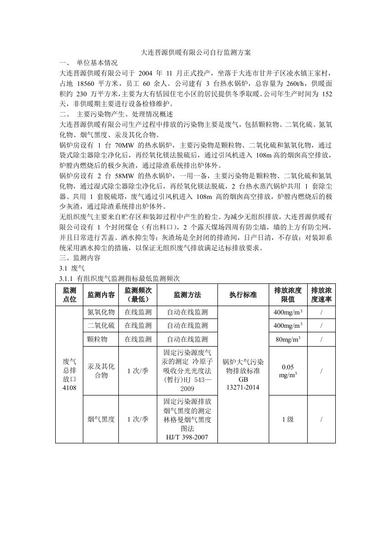 大连晋源供暖有限公司自行监测方案